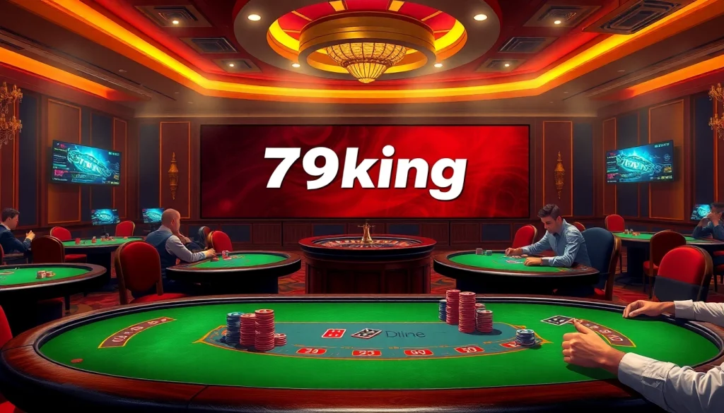 Experience the thrill of gaming at 79king, showcasing vibrant poker tables and players in action.